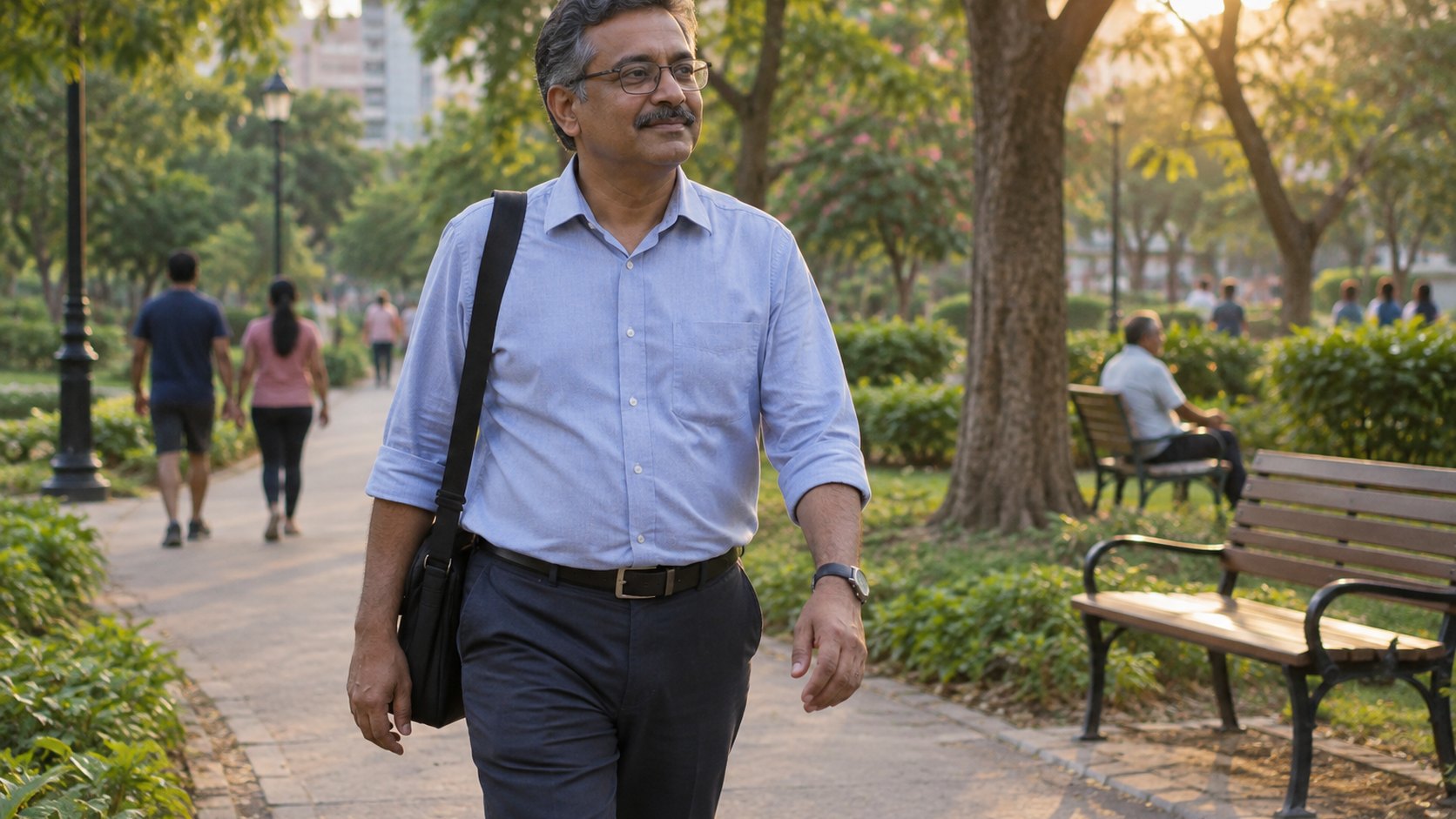 A middle-aged man walks at a comfortable pace through a neighborhood park.