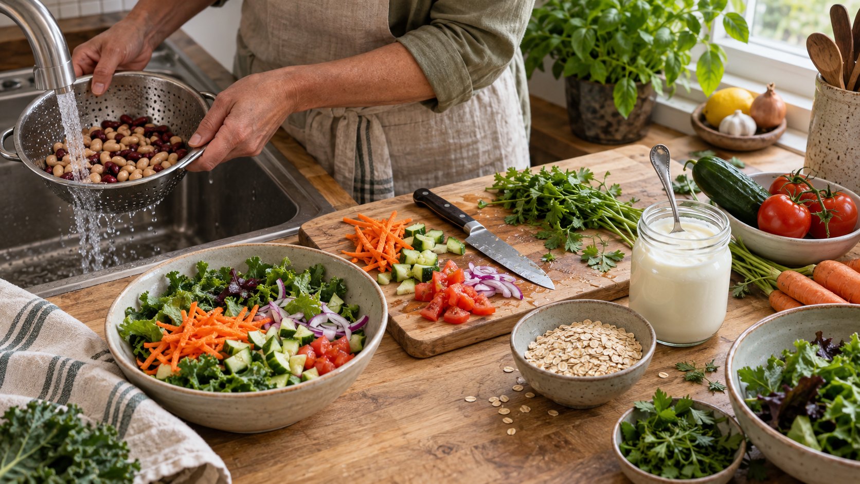 Hands arrange beans, vegetables, grains, and unbranded jars of fermented food on a kitchen counter.