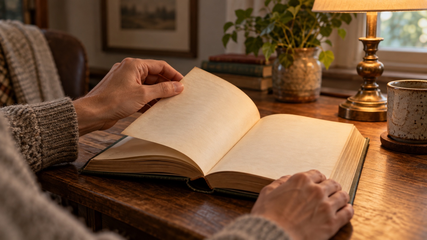 A person opens a plain, unmarked book under a warm desk lamp.