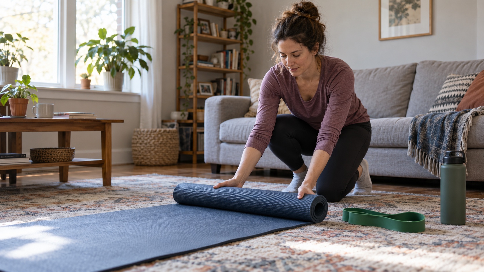 A woman lays out an exercise mat and resistance band in her living room.