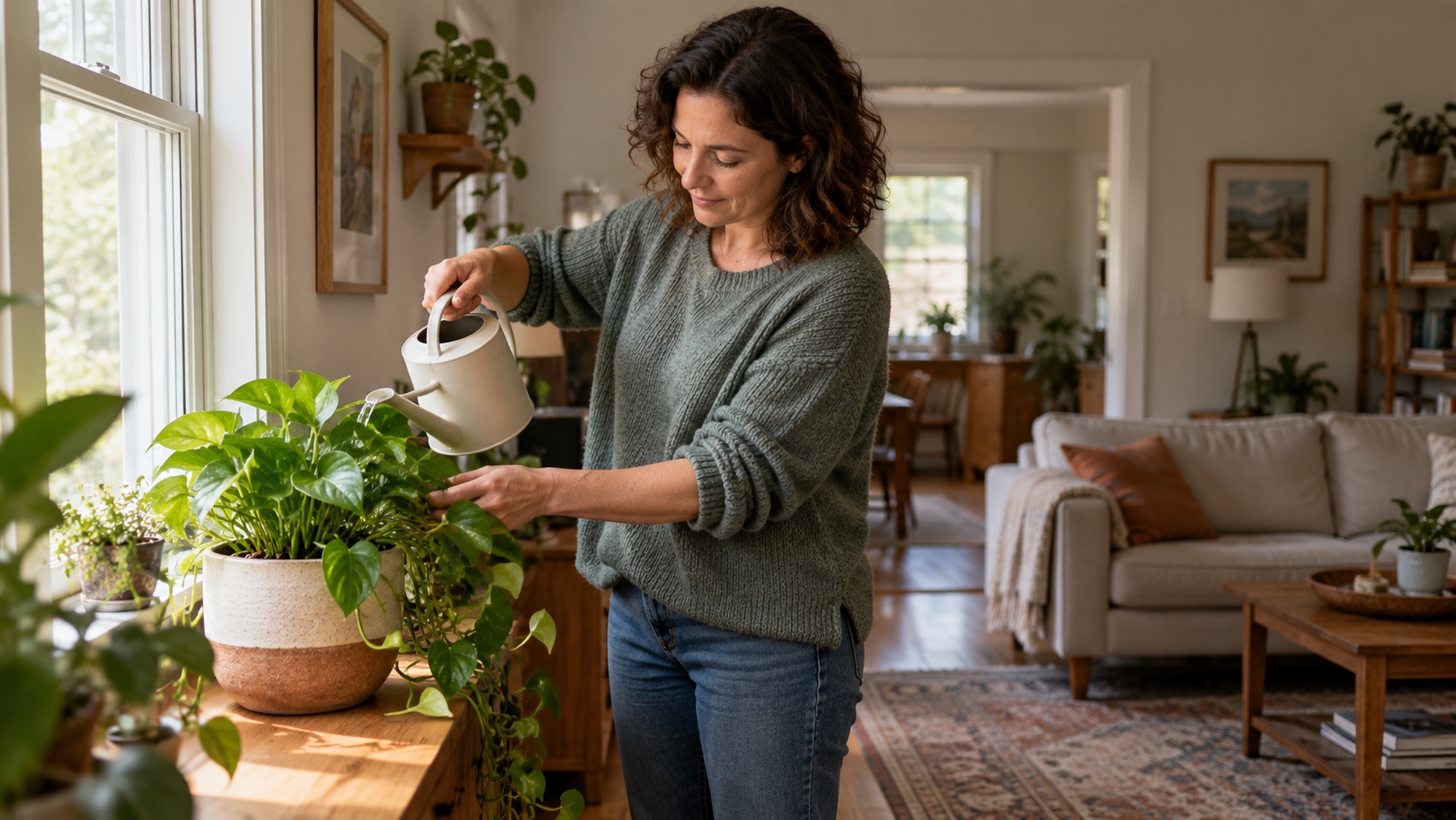 A woman waters a potted plant in a bright, lived-in home.