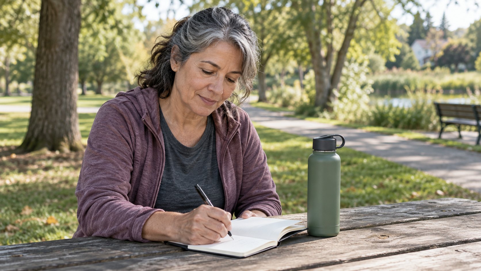 An adult makes a few notes after a moderate walk at a park table.