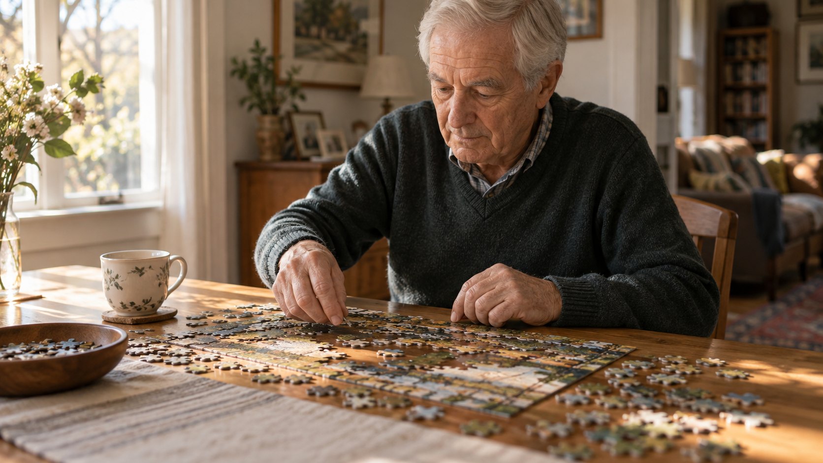 An older man works on a wooden jigsaw puzzle at a dining table.