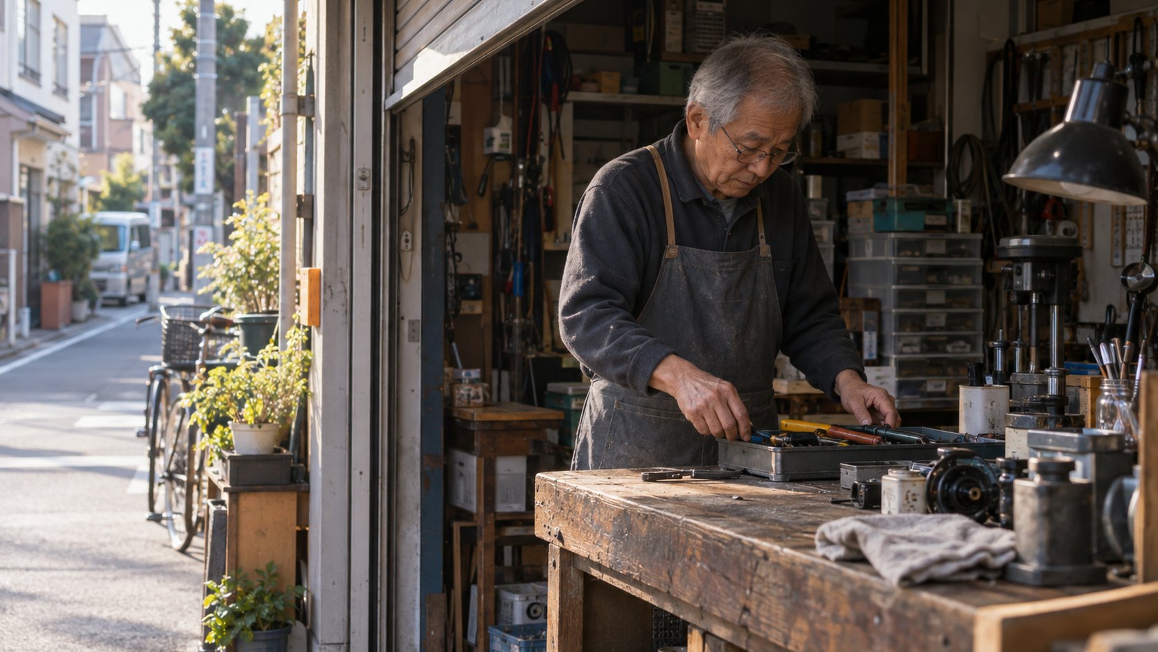 An older Japanese man opens a neighborhood workshop and lays out tools for repair.
