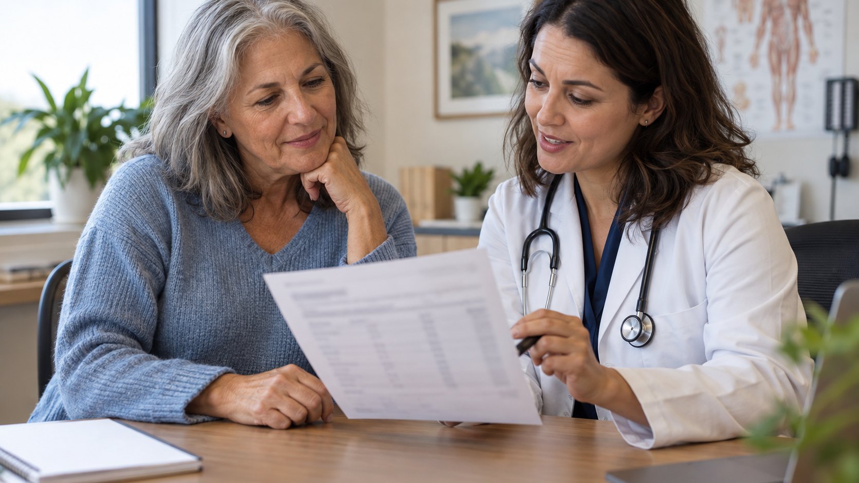 A woman reviews a blurred lab report with a clinician during a calm primary-care visit.