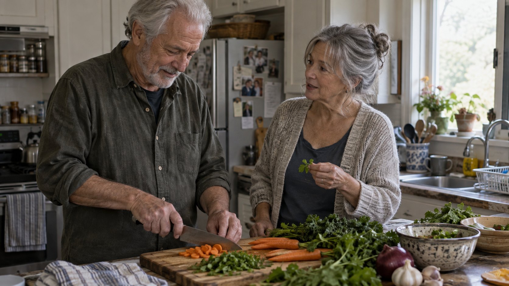 An older couple prepares vegetables together in their home kitchen.