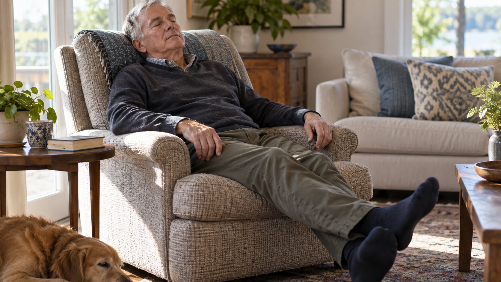 A man rests briefly in a comfortable armchair in a bright living room.