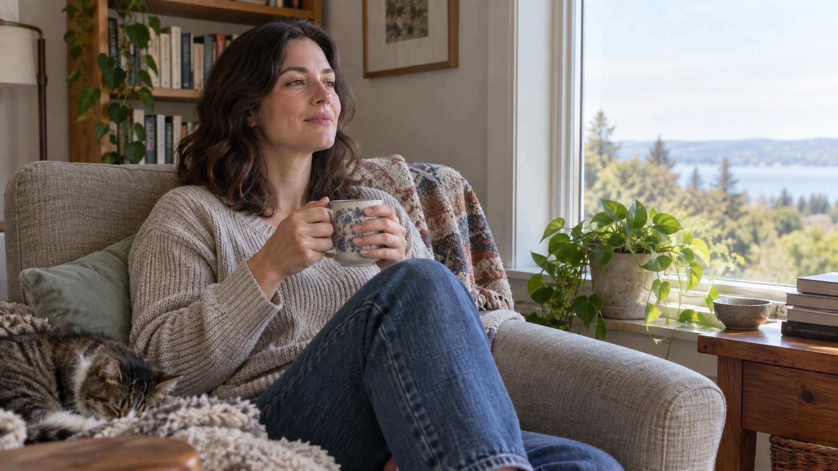 An adult pauses for gentle breathing beside a window.