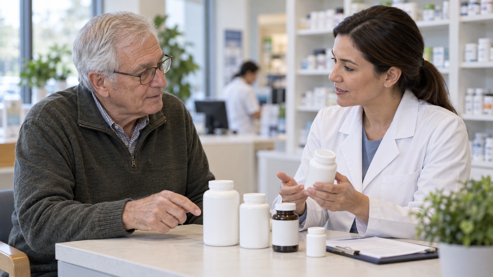 An older adult discusses generic supplements with a pharmacist.