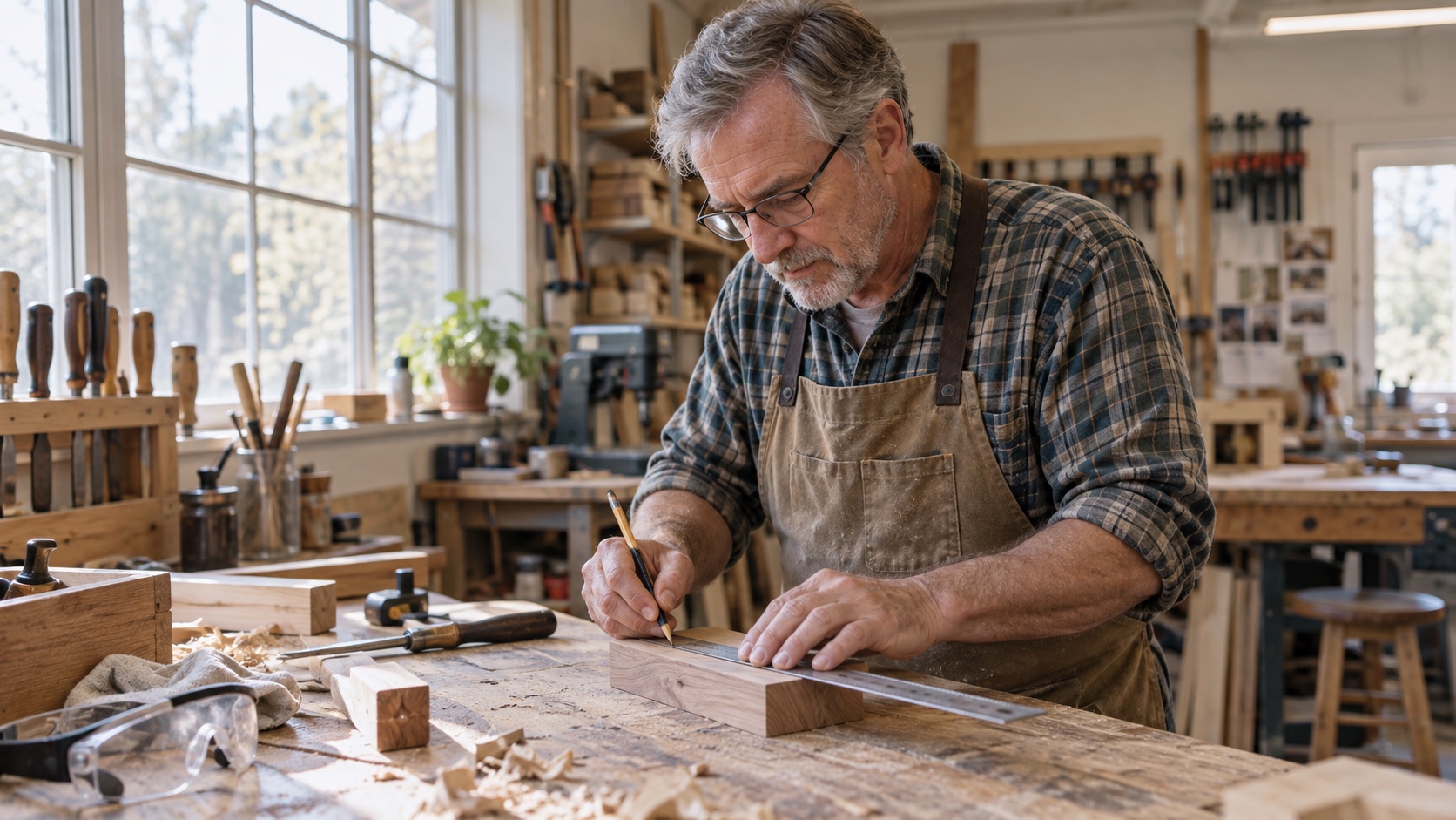 A man concentrates on a woodworking project in a workshop.