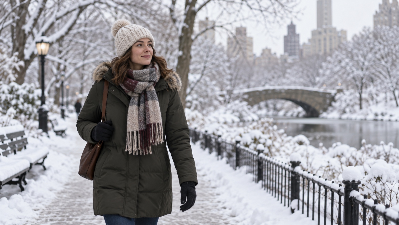 A bundled adult walks comfortably in a winter park.