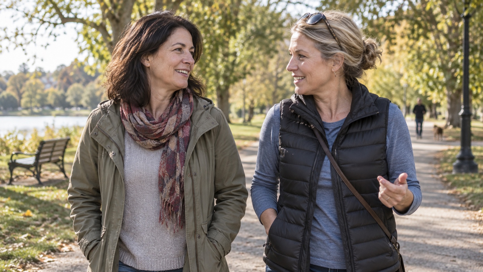 A woman takes an ordinary outdoor walk with a friend.