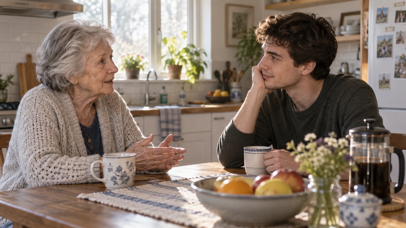 A grandparent and young adult talk across a kitchen table.