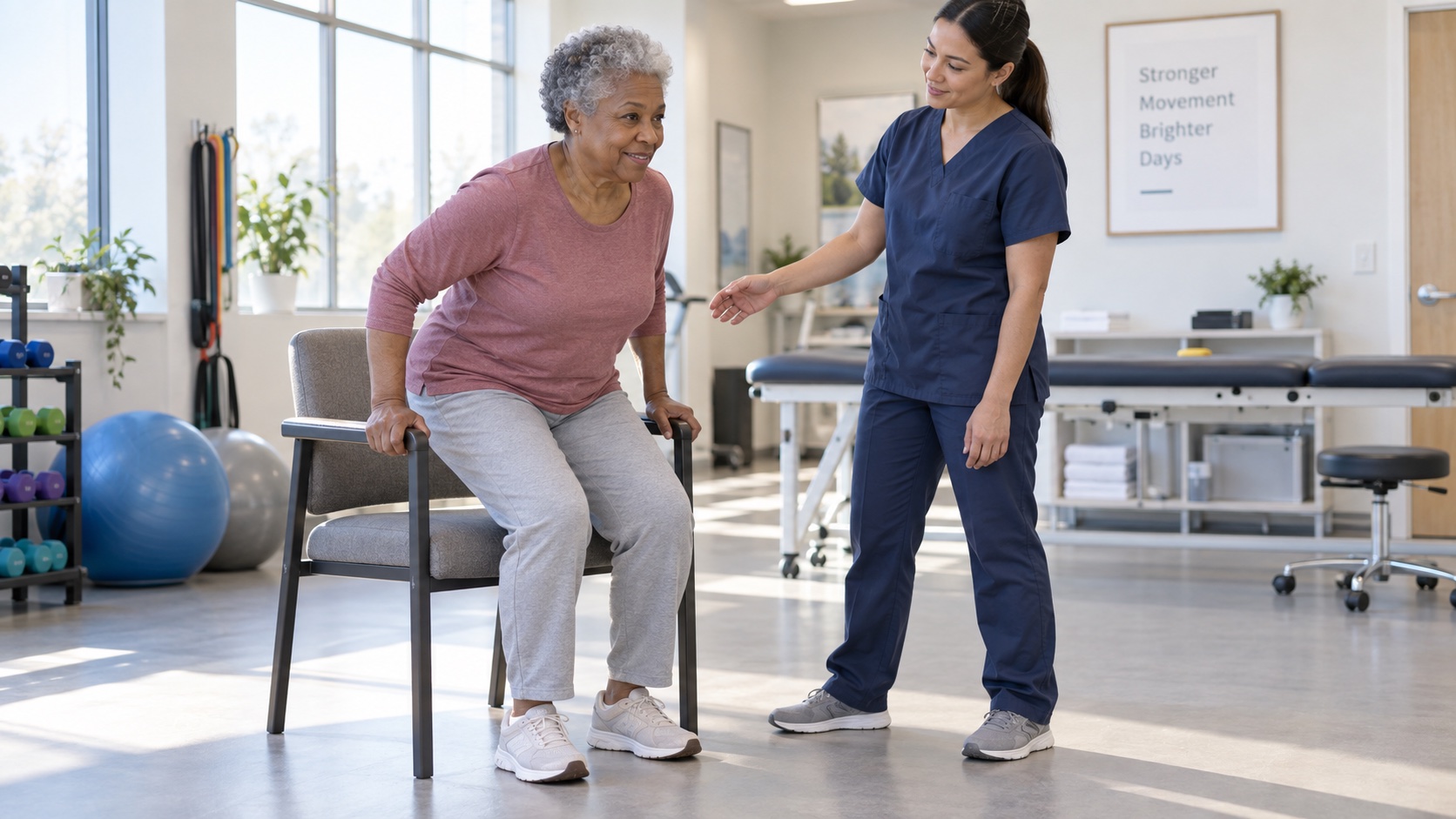 An older adult practices a chair rise with a physical therapist nearby.