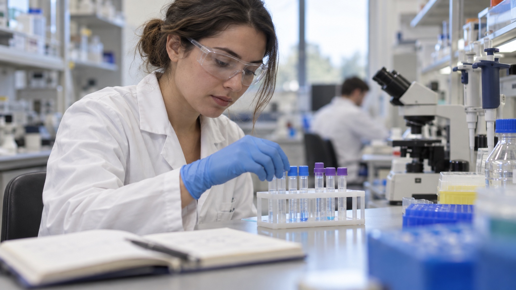 A researcher works beside test tubes and blurred notes.
