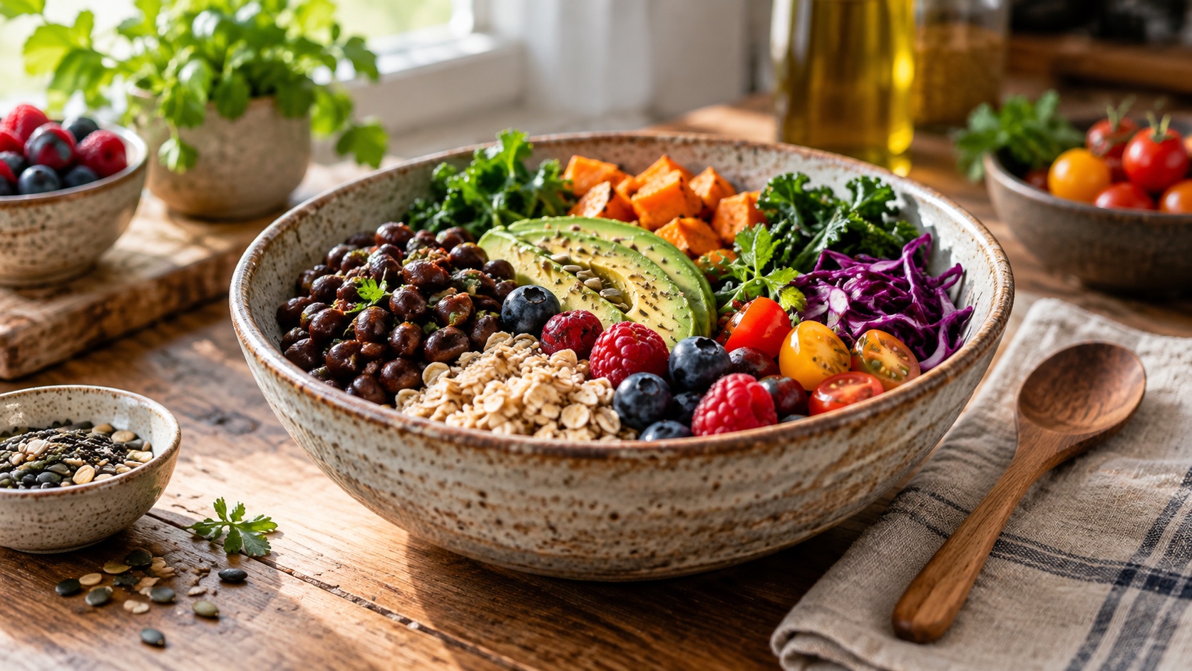 Beans, oats, berries, and vegetables are served at home.