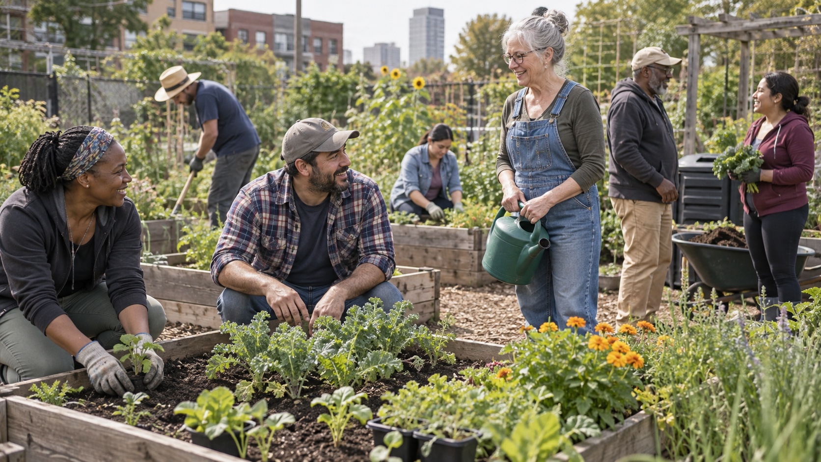 Neighbors work together in a shared garden.