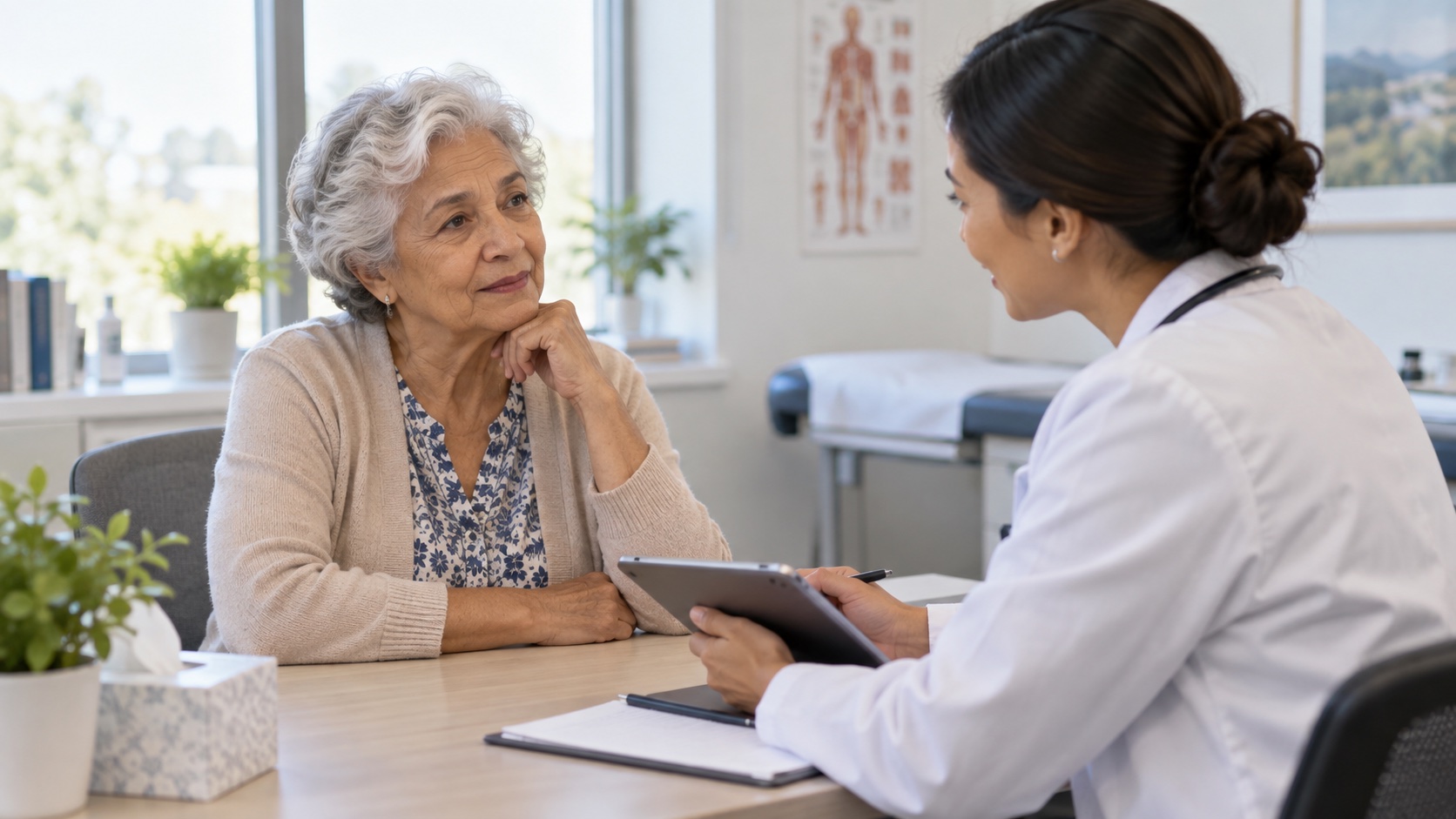 An older woman talks with a clinician in a routine visit.