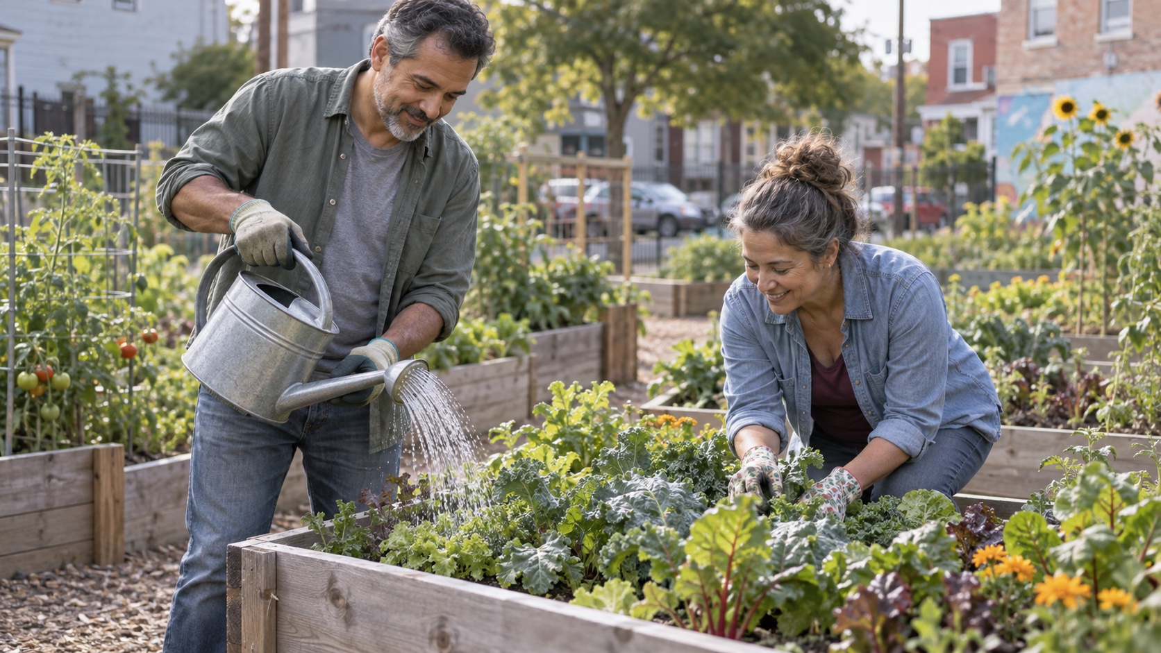 A man and neighbor tend a community garden.
