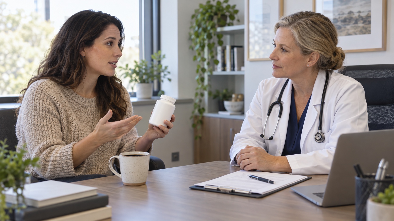 A woman discusses coffee and a generic supplement with a clinician.