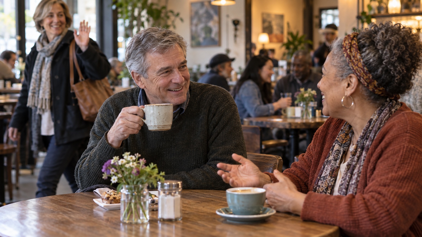 A person talks with a friend and greets a neighbor.