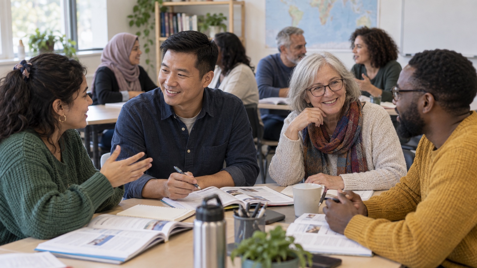 Adults of different ages learn together in a community class.