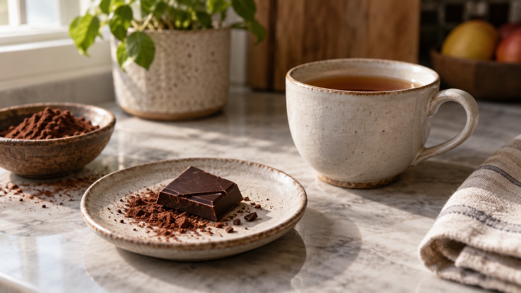 Dark chocolate and cacao sit beside a cup of tea.