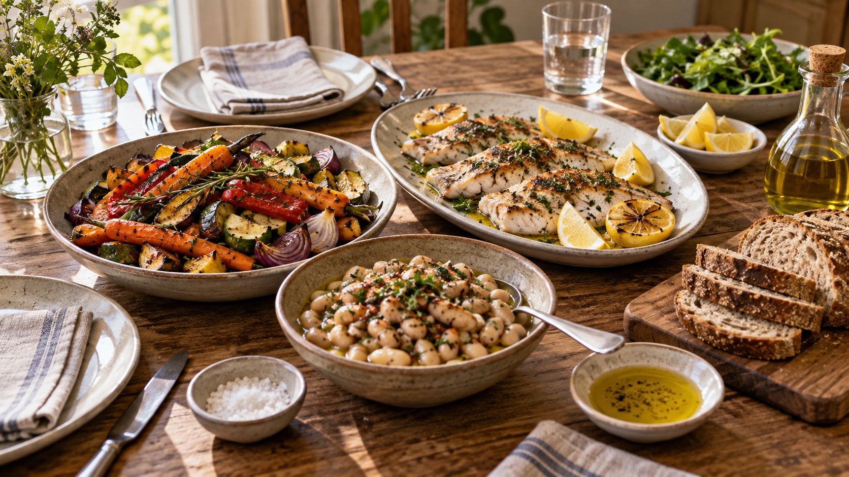 A shared table holds vegetables, beans, fish, bread, and olive oil.