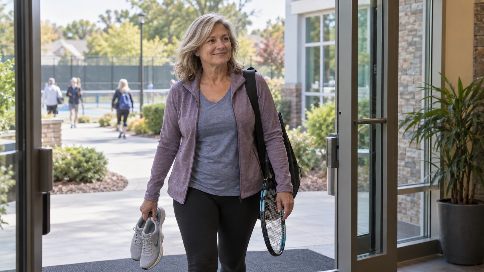 A woman arrives at a recreation center with a racket and shoes.