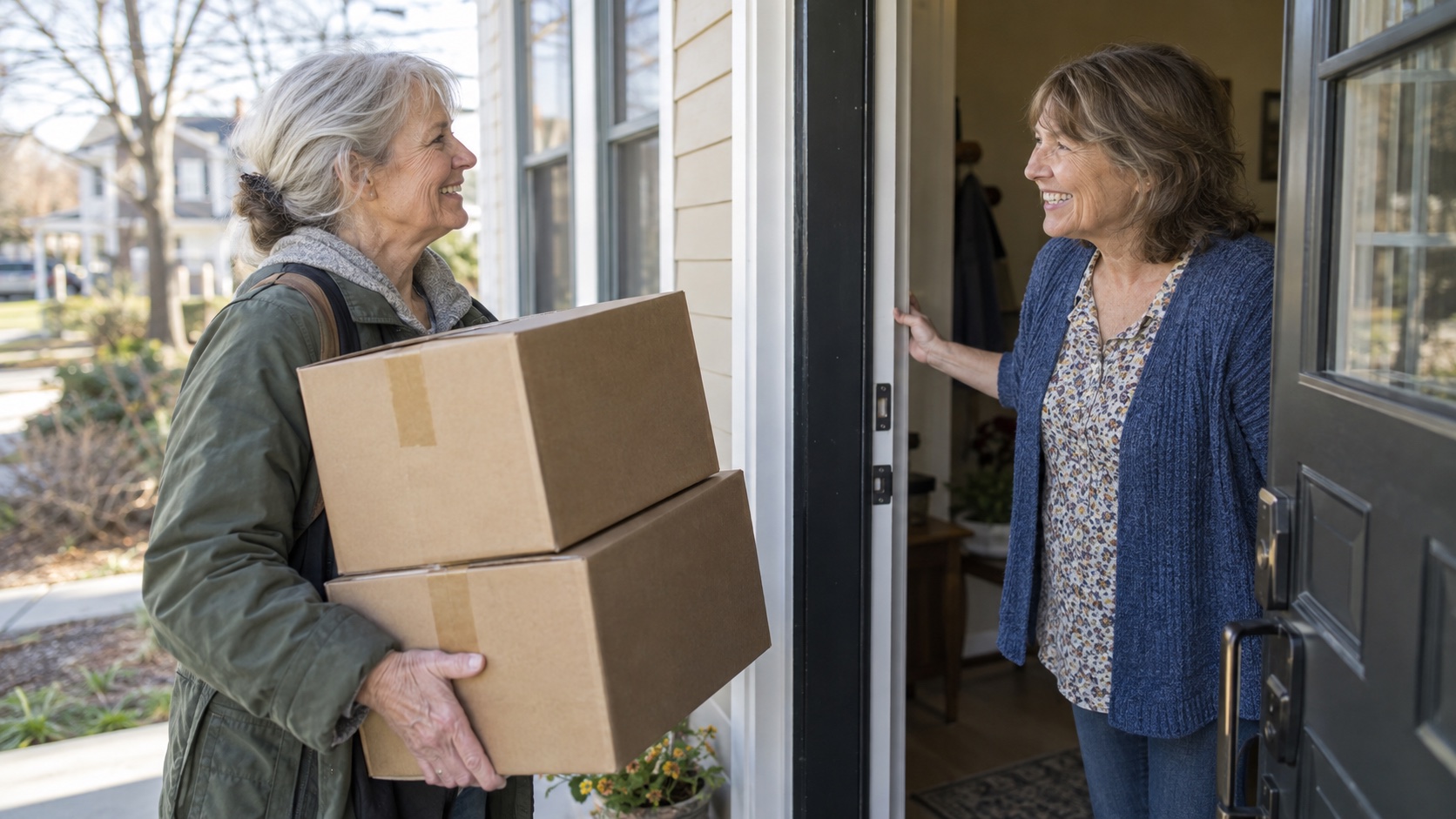 A woman moves boxes into a new home as a neighbor greets her at the door.