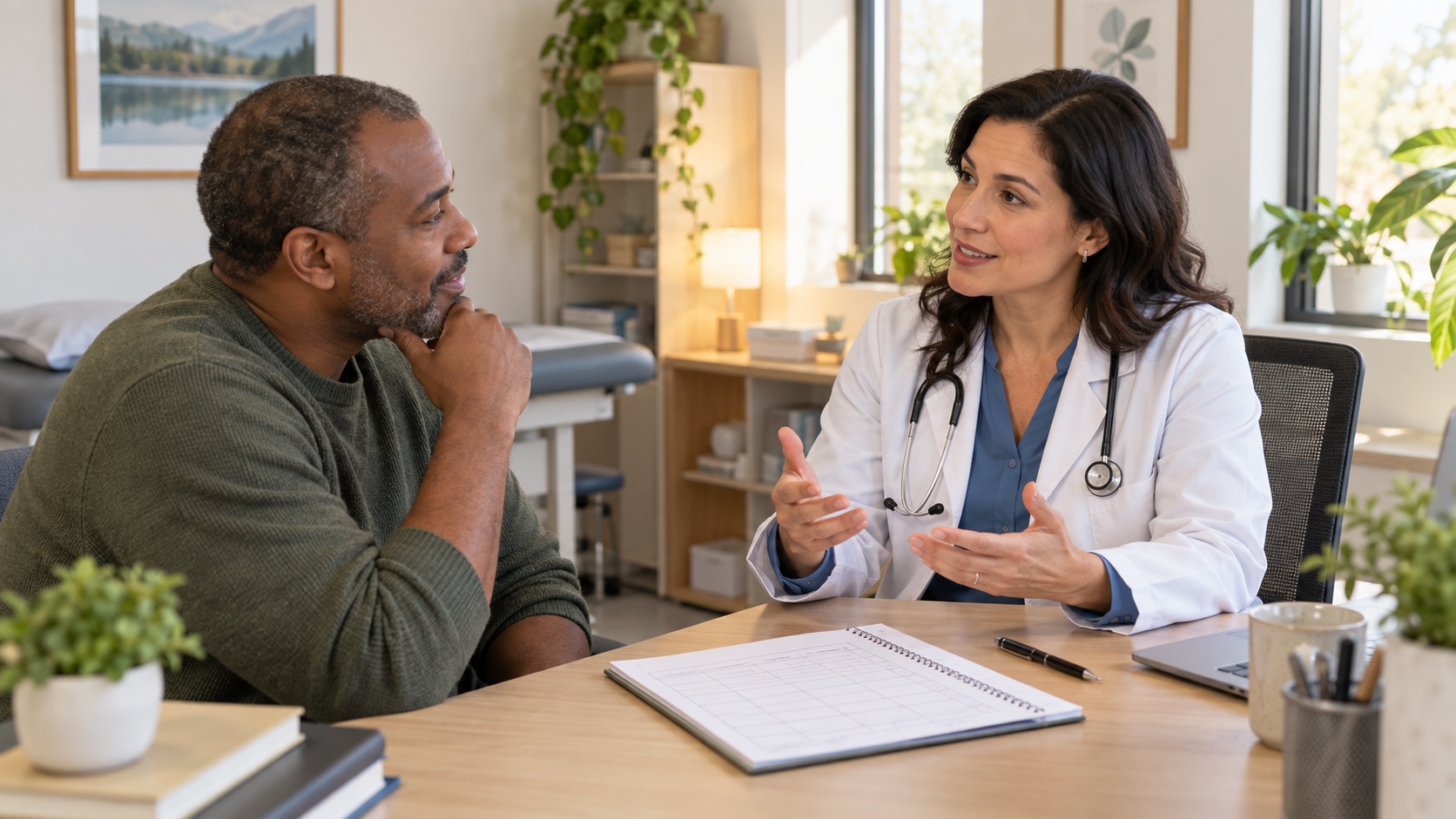An adult discusses a blank sleep diary with a clinician.