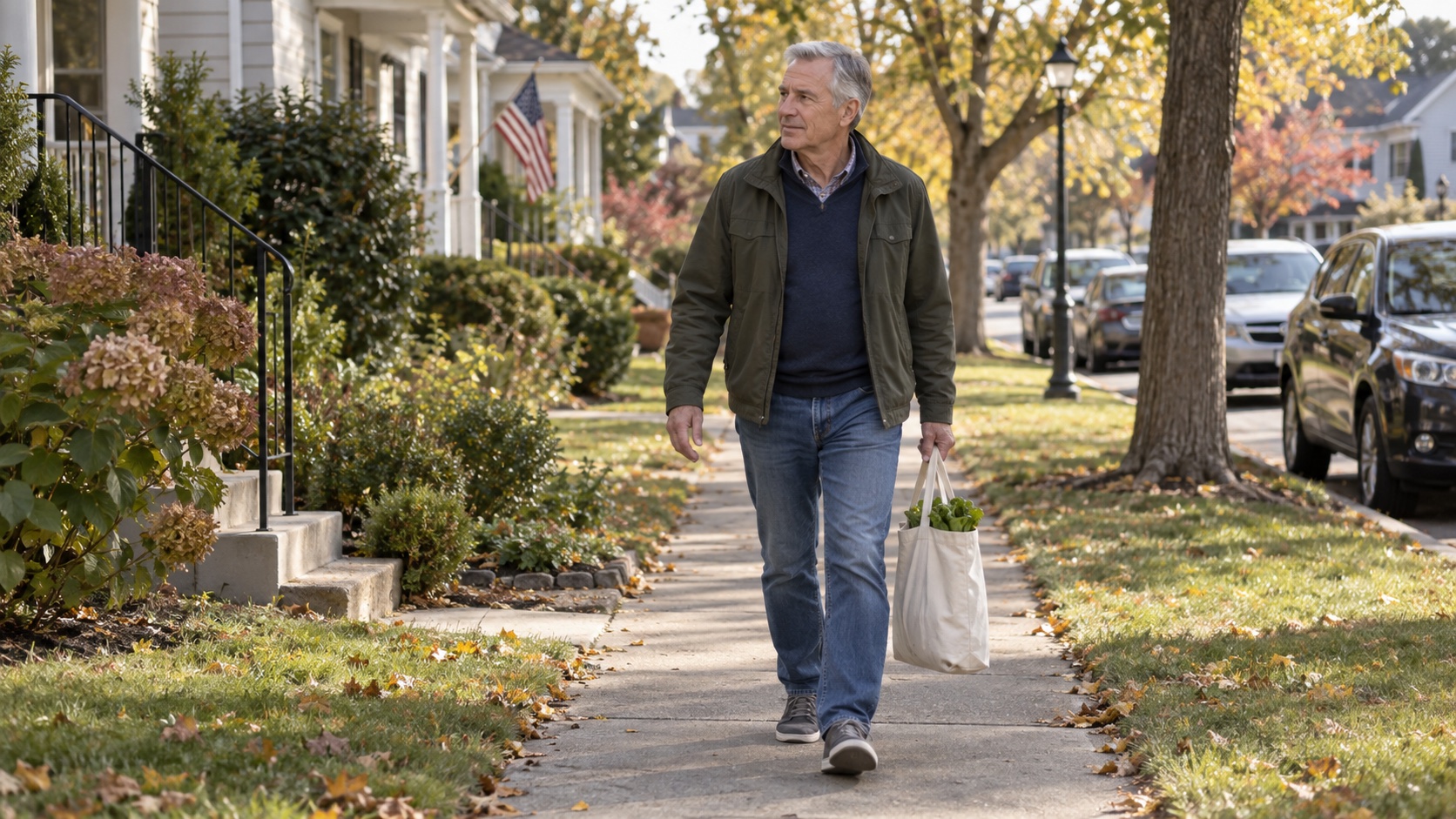 A man walks through his neighborhood with a shopping bag.