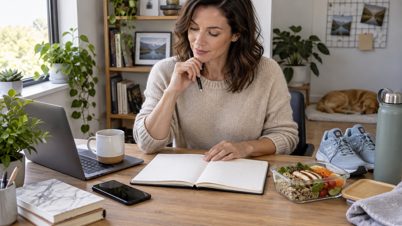 A planner, exercise shoes, and a packed lunch share a desk.