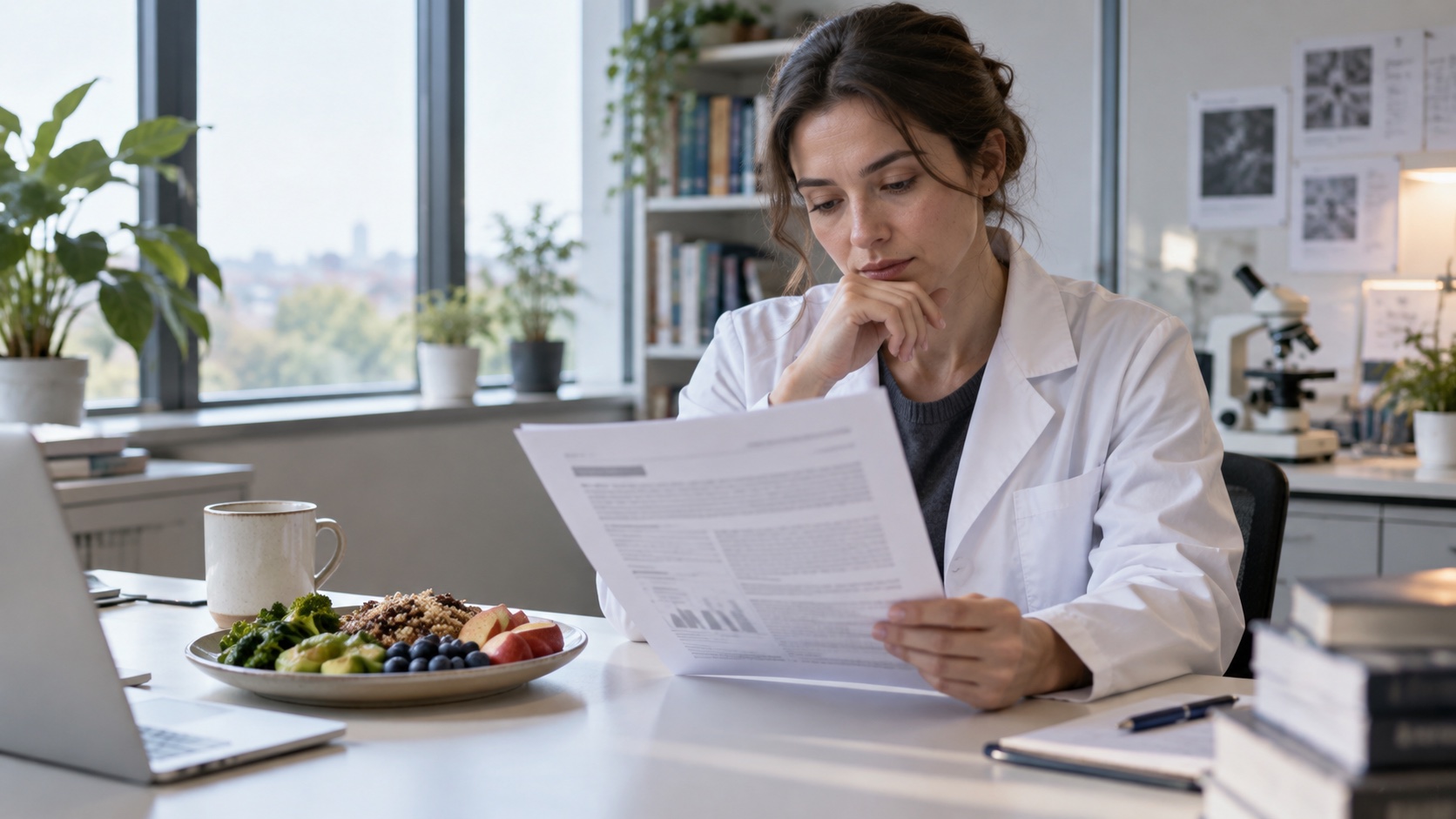 A researcher reviews a blurred paper beside a plate of food.