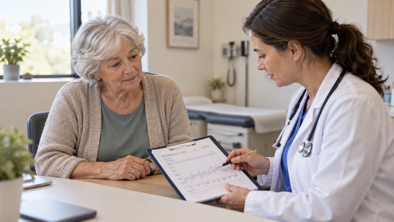 An older adult and clinician discuss an unreadable blood-pressure record.