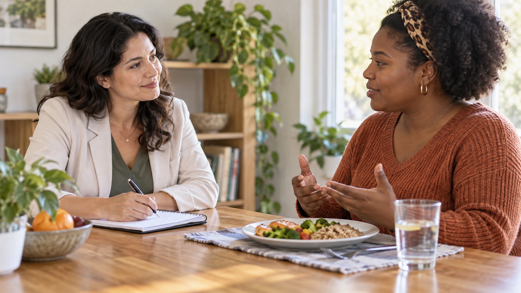 A dietitian and client discuss a meal schedule.