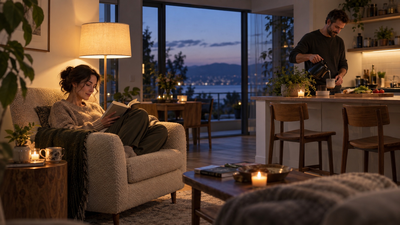 Two adults follow different quiet evening routines by a window.