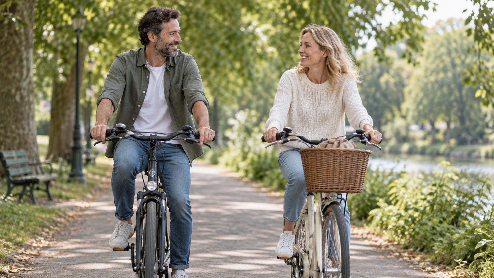 Two adults cycle together at an easy conversational pace.