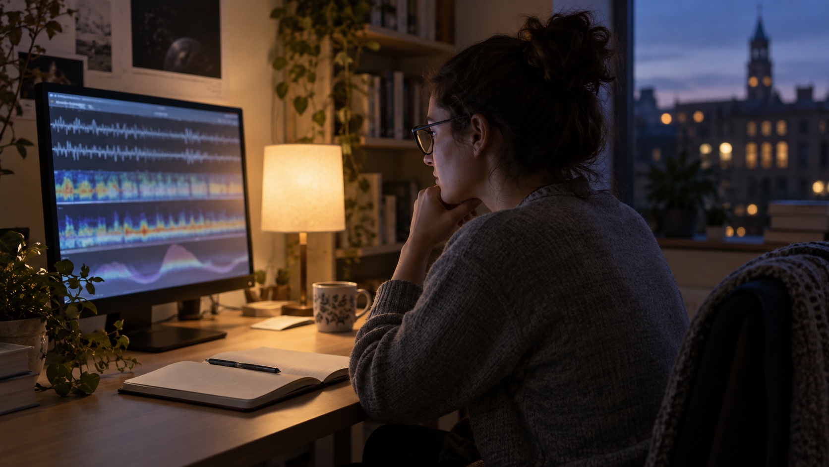 A researcher reviews blurred sleep data beside a lamp.