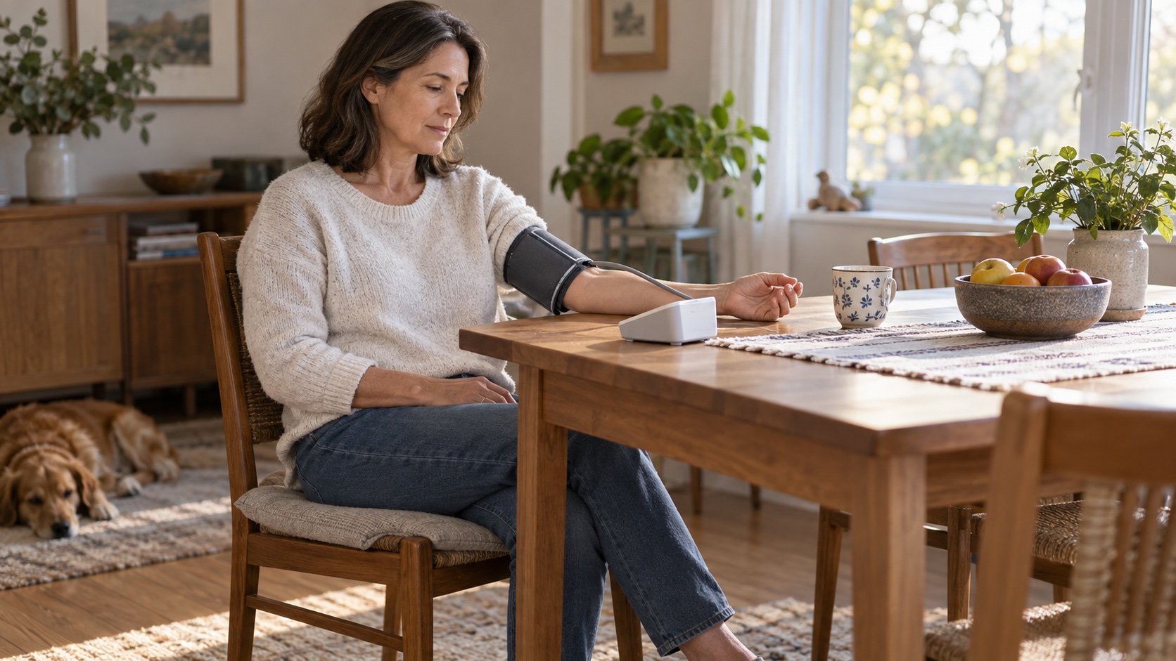 An adult takes a home blood-pressure reading with the display turned away.