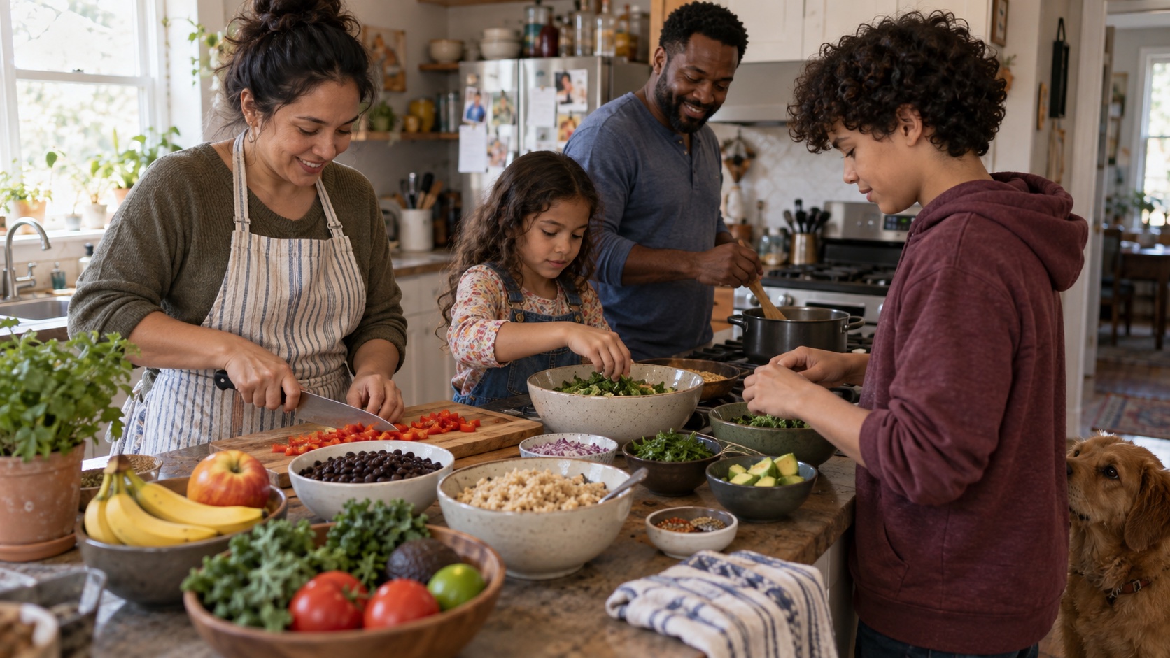 Adults prepare a meal with beans, vegetables, fruit, and whole grains.