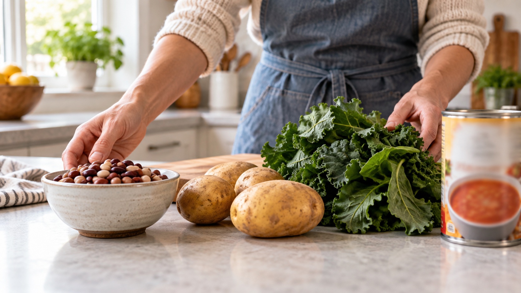 Beans, potatoes, and greens sit beside a package with unreadable labeling.