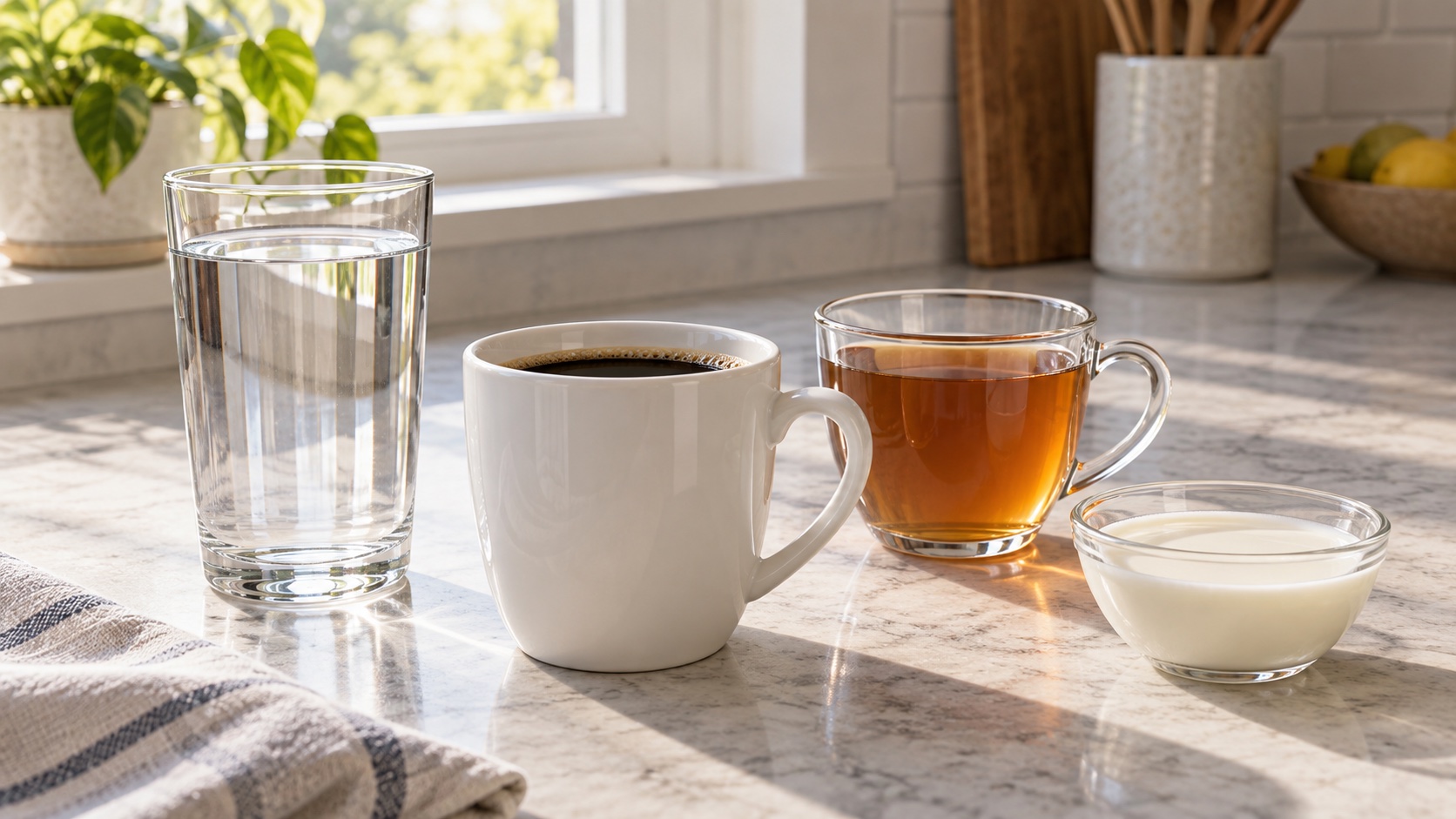 Water, coffee, tea, and milk sit on a kitchen counter.