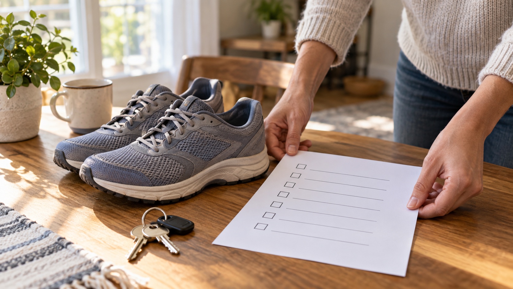 A blank checklist sits beside walking shoes and keys.