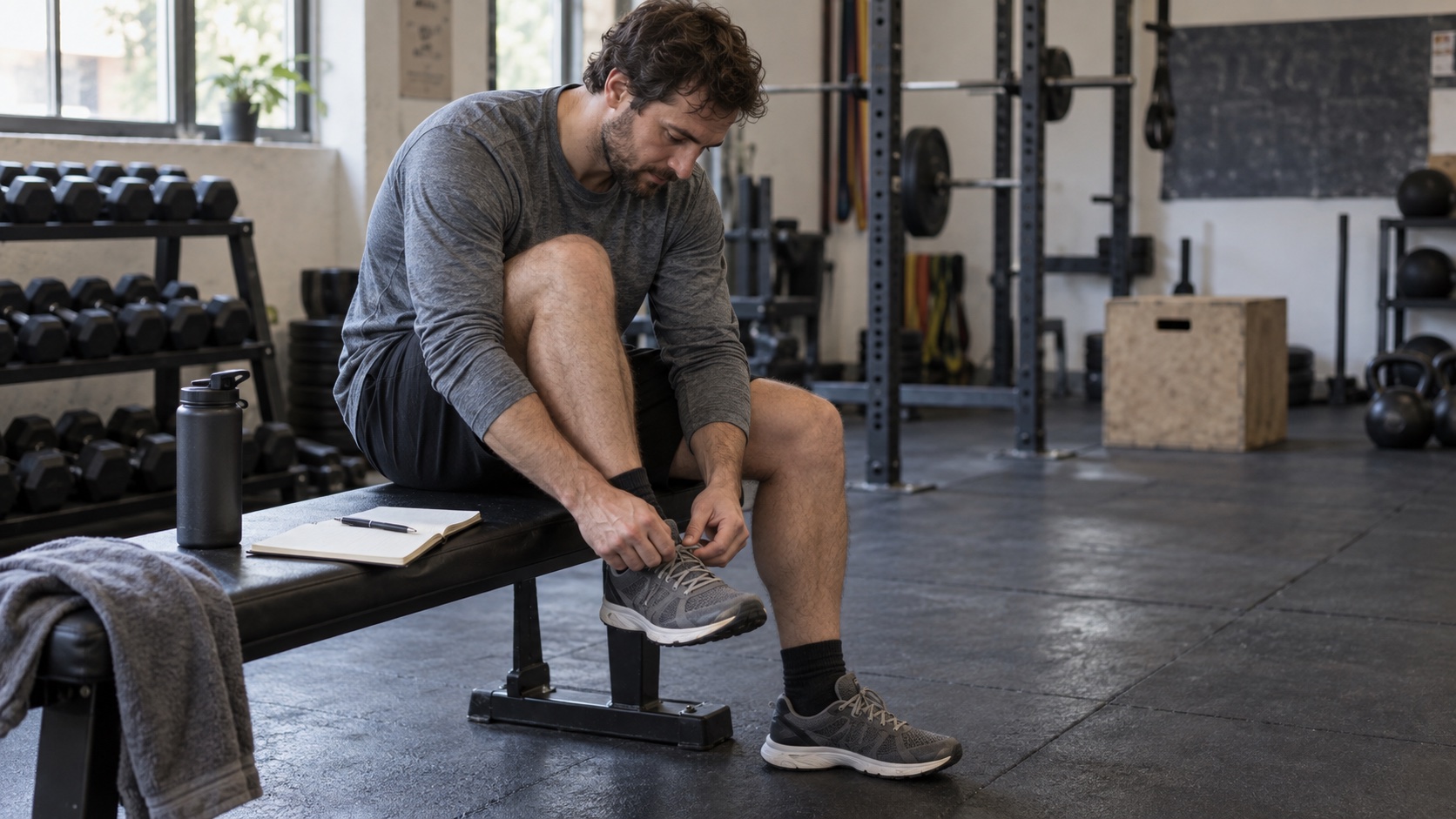 An adult prepares to return to exercise beside a blank notebook.