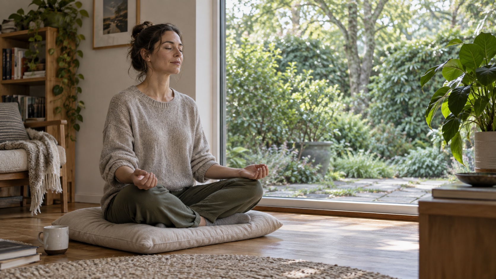 An adult meditates beside a window overlooking a garden.
