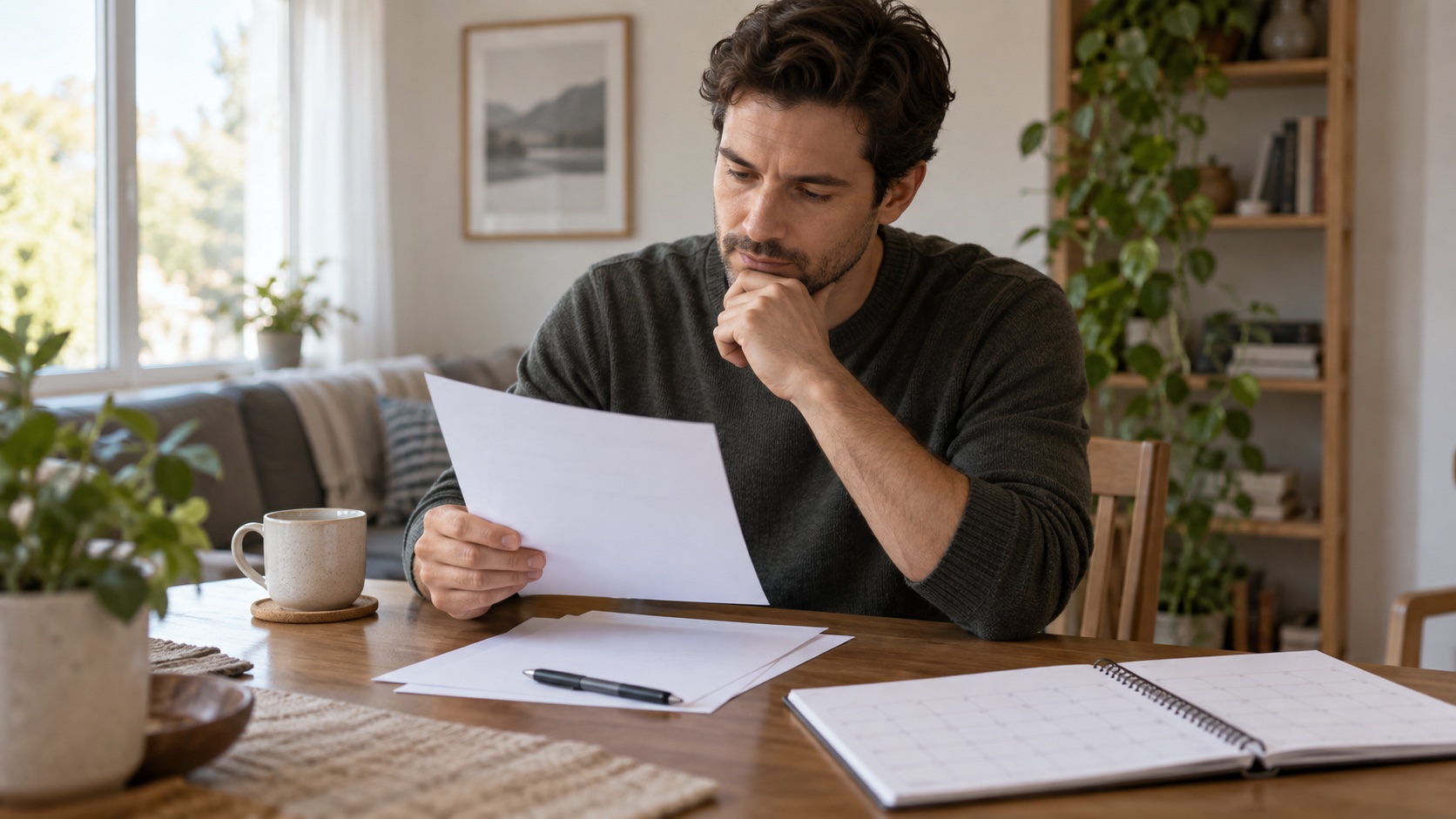 An adult reviews blank notes and a calendar at a home table.