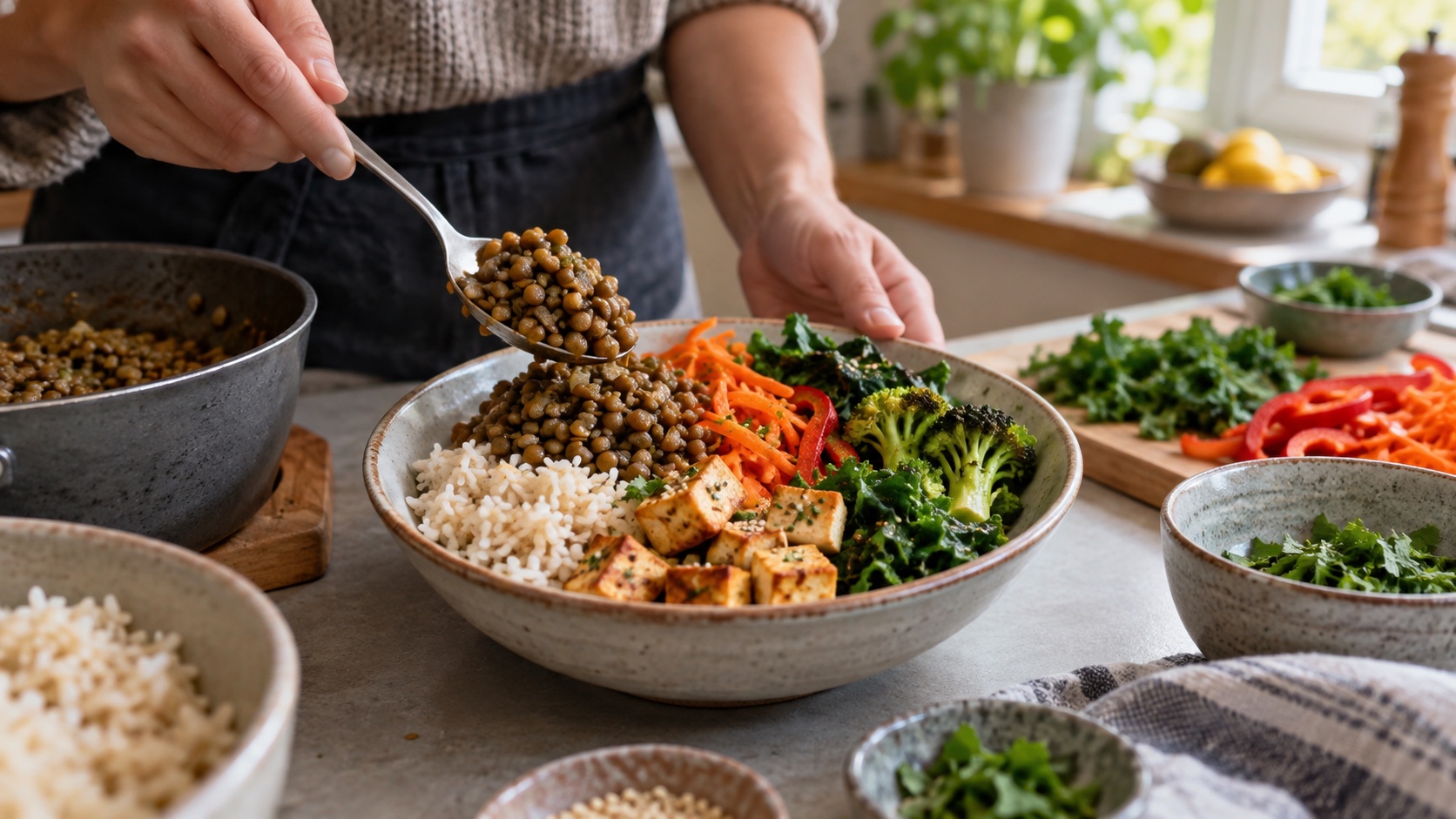 Lentils, tofu, vegetables, and rice are assembled into an ordinary meal.