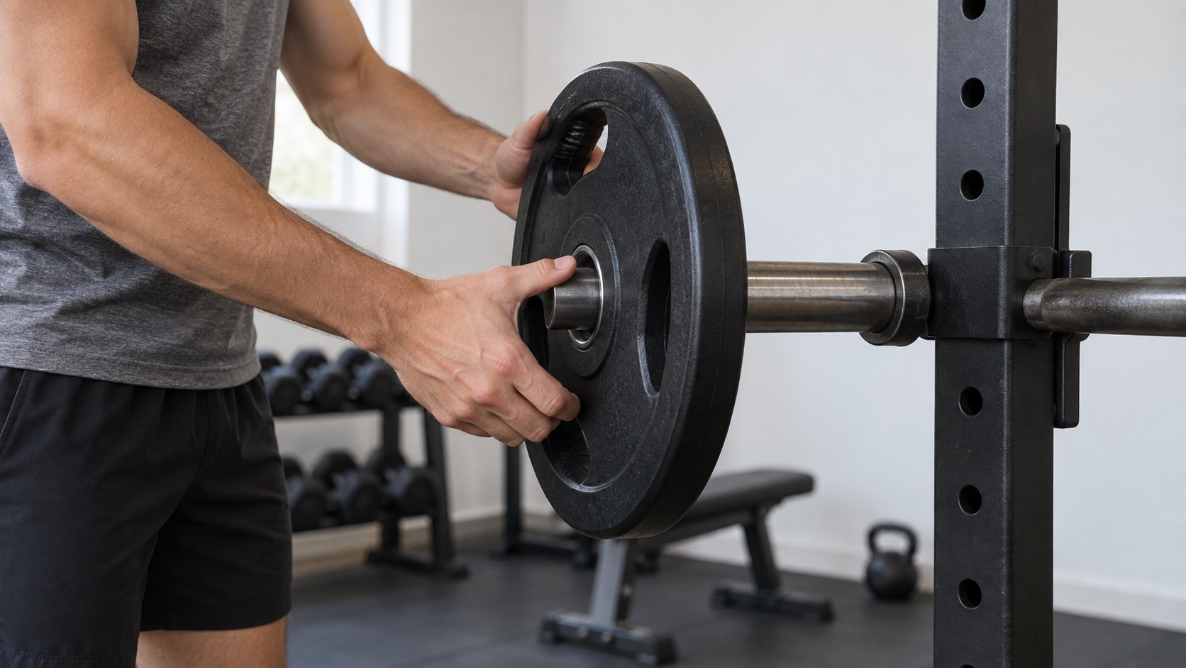 Hands load a moderate weight plate onto a racked barbell.