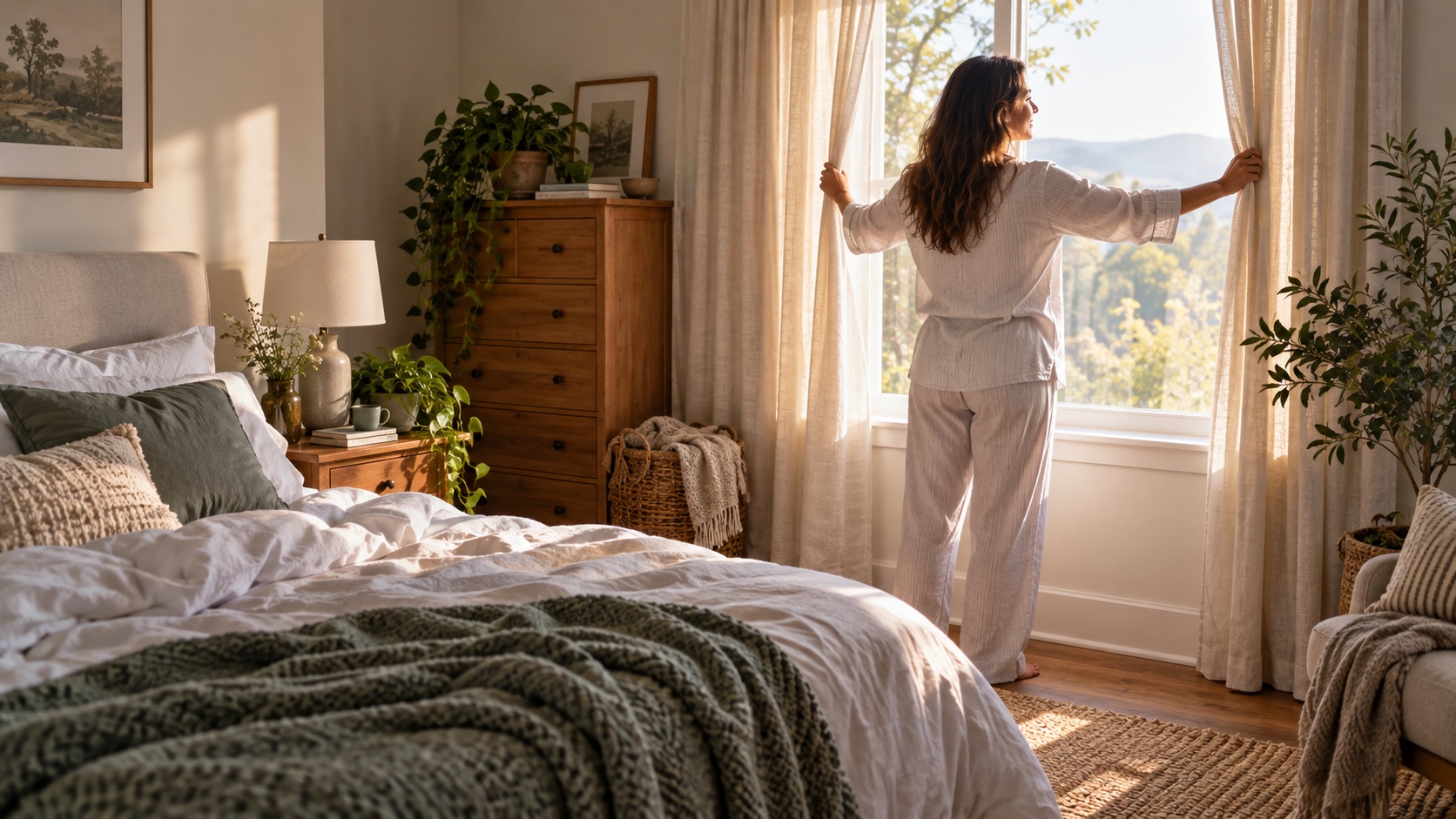 An adult opens bedroom curtains to morning light.